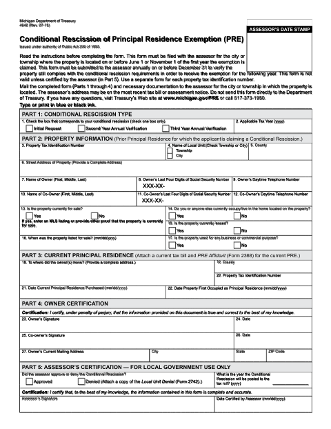 First page of the Conditional Rescission of Principal Residence Exemption (PRE)