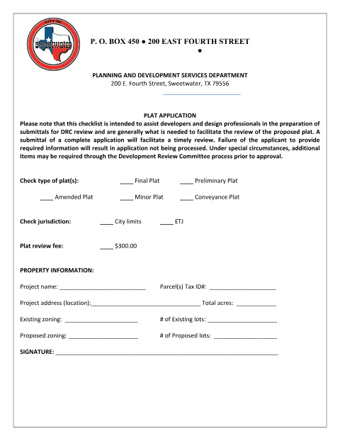 First page of the Plat Application