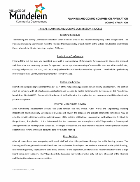 First page of the Zoning Variation Application