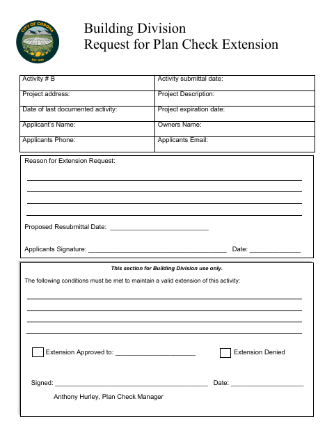 First page of the Request for Plan Check Extension