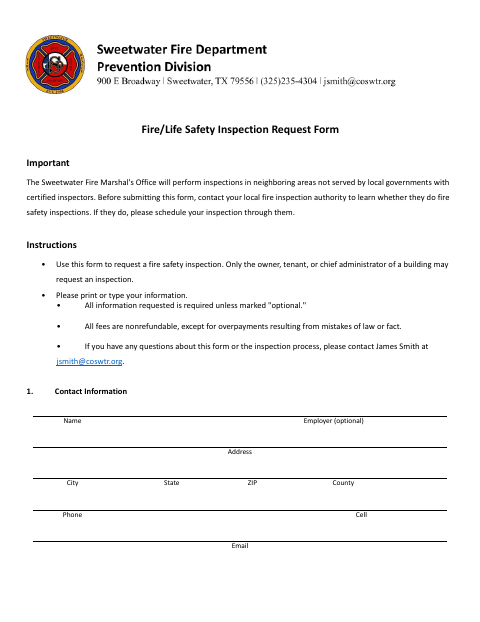 First page of the Fire/Life Safety Inspection Request Form
