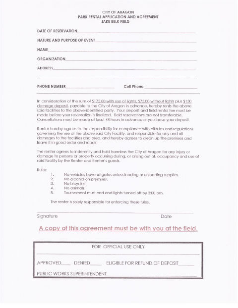 First page of the Jake Belk Field Park Rental Application