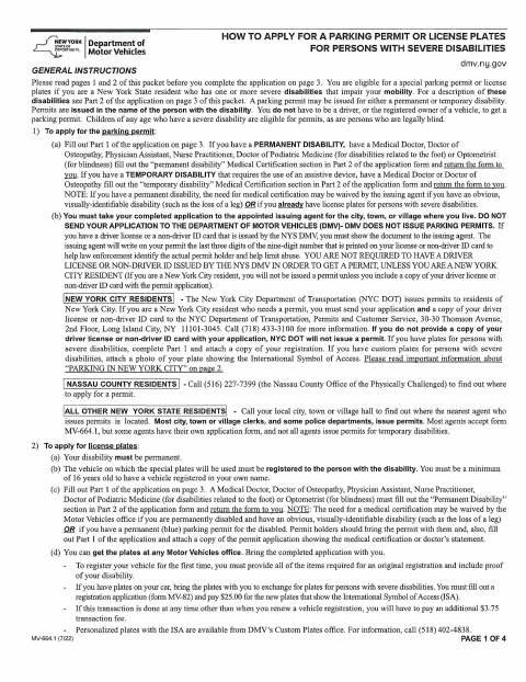 First page of the Handicap Parking Permit Application