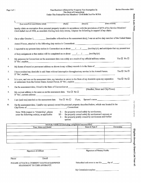 First page of the Non-Resident Affidavit for Property Tax Exemption