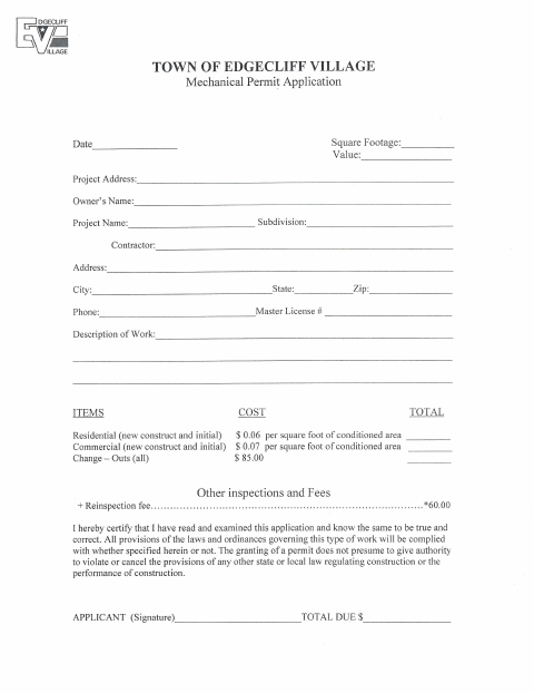 First page of the Mechanical Permit Application