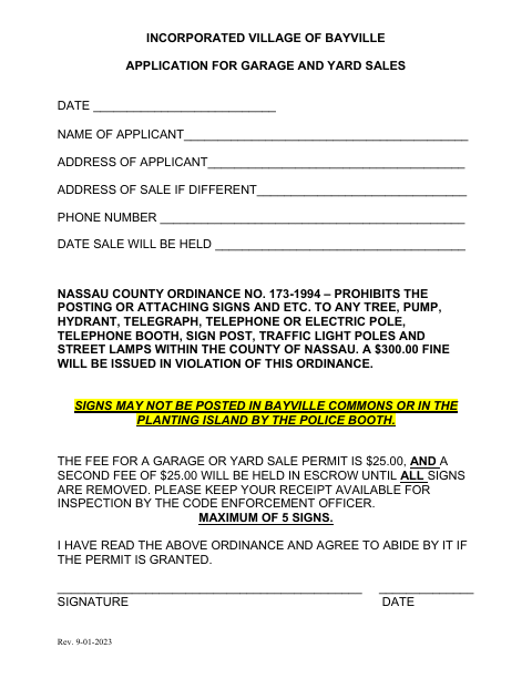 First page of the Application for Garage and Yard Sales