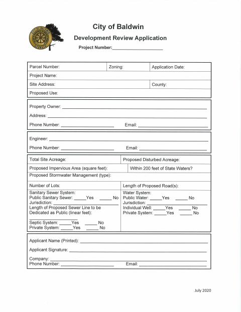 First page of the Development Review Application