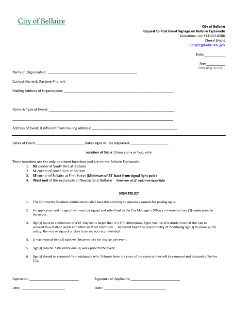 First page of the Banner/Esplanade Signage Permit Application