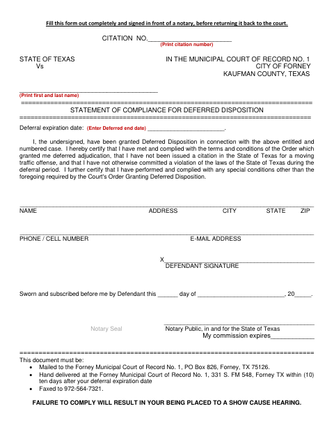 First page of the Statement of Compliance for Deferred Disposition