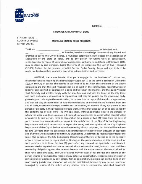First page of the Sidewalk and Approach Bond