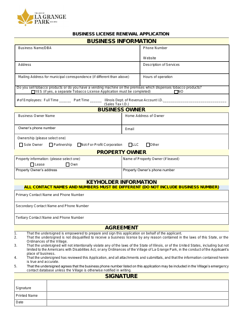First page of the Business License Renewal Application
