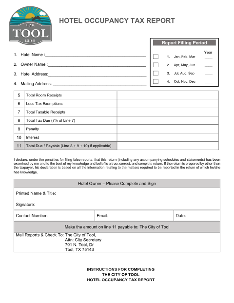 First page of the Hotel Occupancy Tax Report