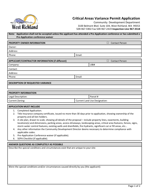 First page of the Critical Areas Variance Permit Application
