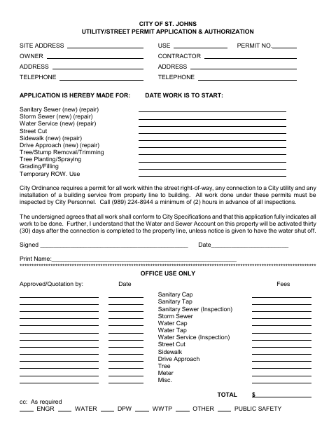 First page of the Utility/Street Permit Application & Authorization