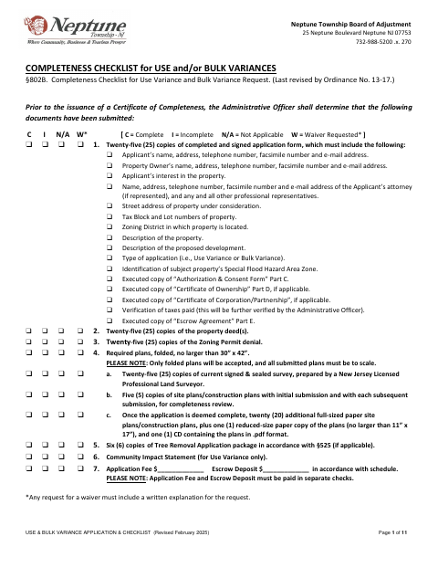 First page of the Use and Bulk Variance Application and Checklist