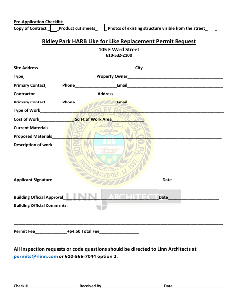 First page of the HARB Like-for-Like Replacement Permit Request
