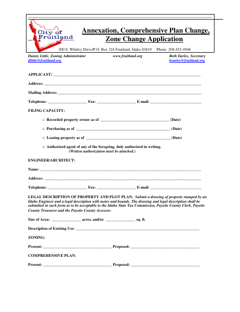 First page of the Annexation, Comprehensive Plan Change, and Zone Change Application