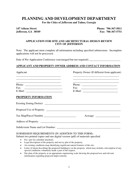 First page of the Site and Architectural Design Review Application