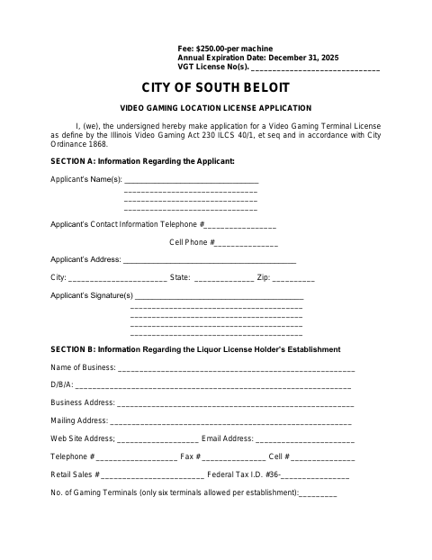 First page of the Video Gaming Location License Application