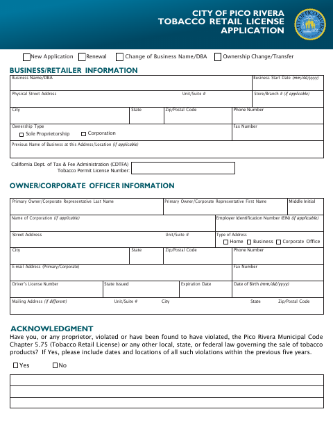 First page of the Tobacco Retail License Application