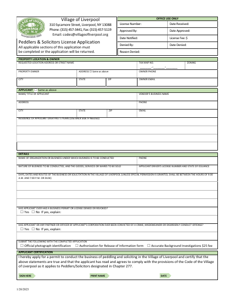 First page of the Peddlers & Solicitors License Application