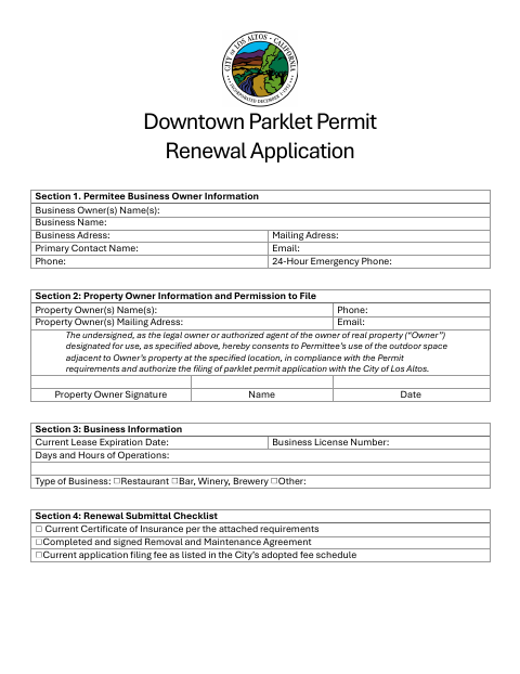 First page of the Downtown Parklet Permit Renewal Application