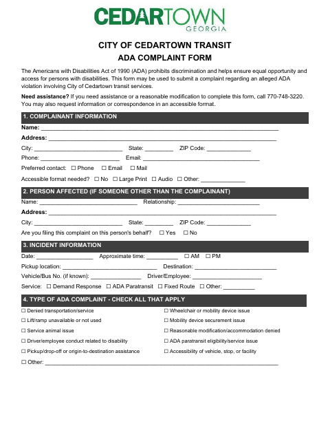 First page of the Transit ADA Complaint Form