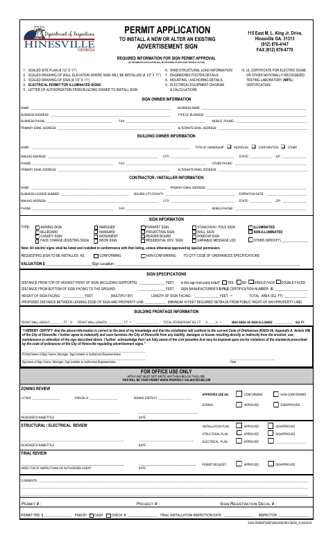 First page of the Permit Application to Install a New or Alter an Existing Advertisement Sign