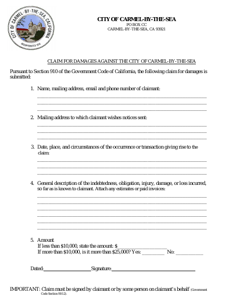 First page of the Claim for Damages Against the City of Carmel-by-the-Sea