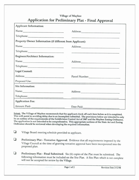First page of the Preliminary Plat Final Approval Application