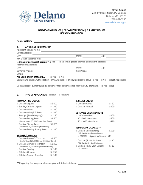First page of the Intoxicating And Malt Liquor License Application