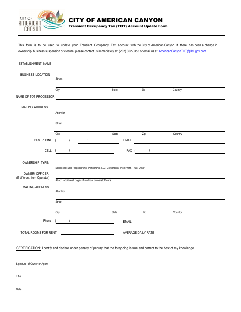 First page of the Transient Occupancy Tax Account Update Form