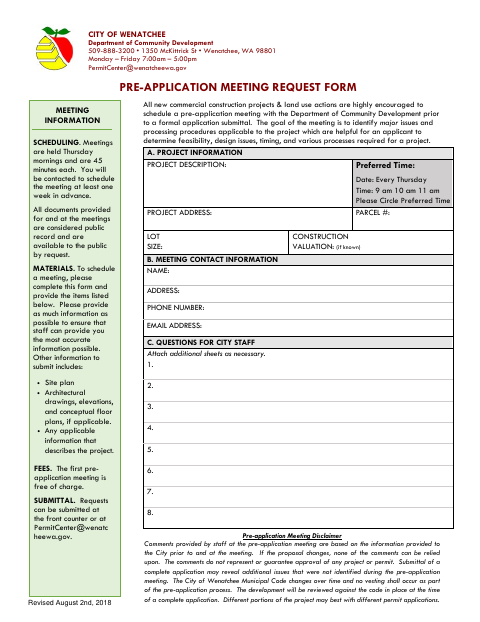 First page of the Pre-Application Meeting Request Form