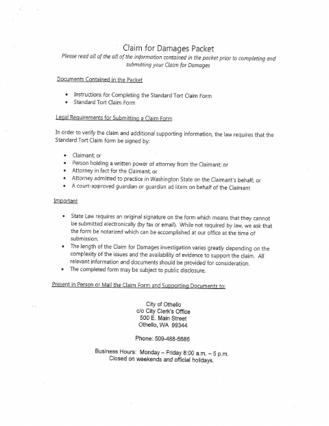 First page of the Claim For Damages Form