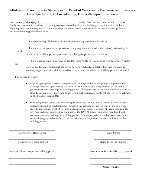 First page of the Affidavit of Exemption for Workers’ Compensation Proof