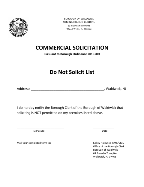 First page of the Commercial Solicitation Do Not Solicit Form