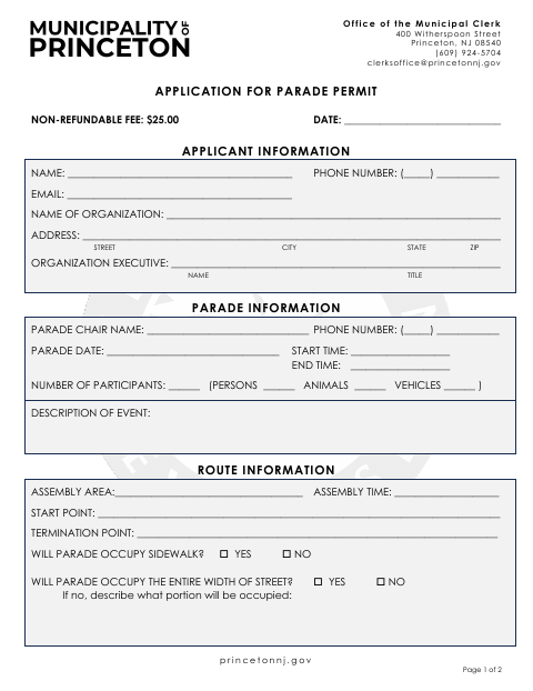 First page of the Application for Parade Permit