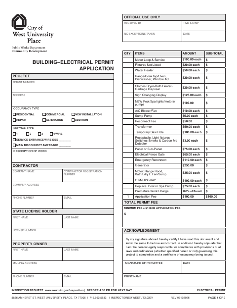 First page of the Building–Electrical Permit Application