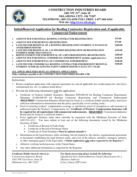 First page of the Roofing Contractor Registration and Commercial Endorsement Application