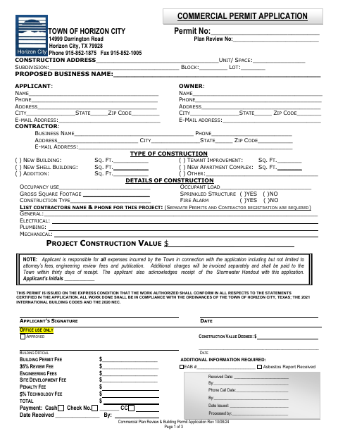First page of the Commercial Plan Review & Building Permit Application