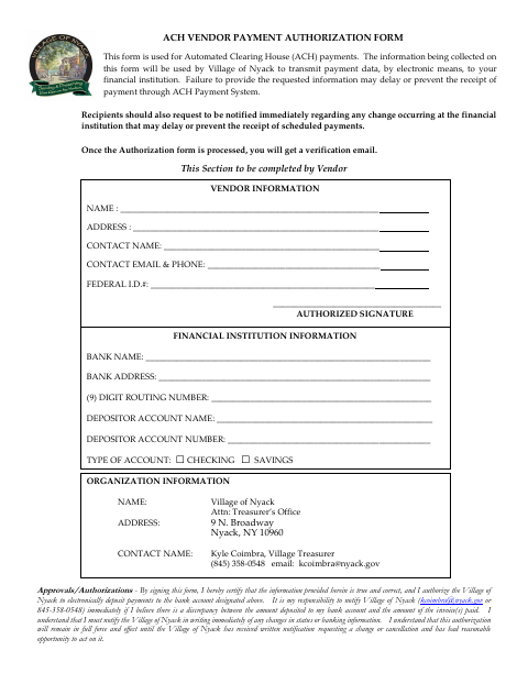 First page of the ACH Vendor Payment Authorization Form