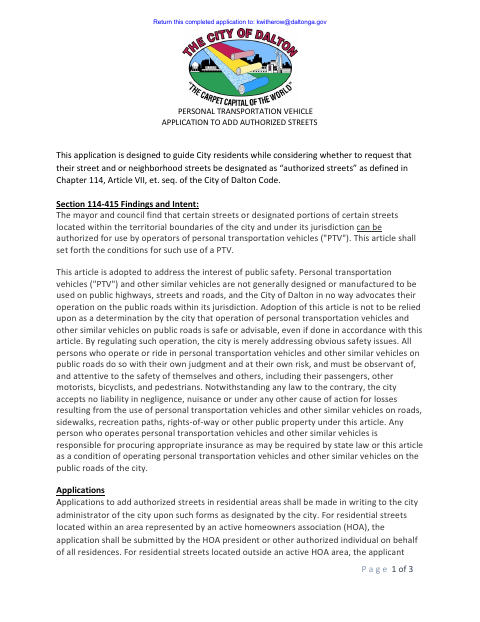 First page of the Personal Transportation Vehicle Application to Add Authorized Streets