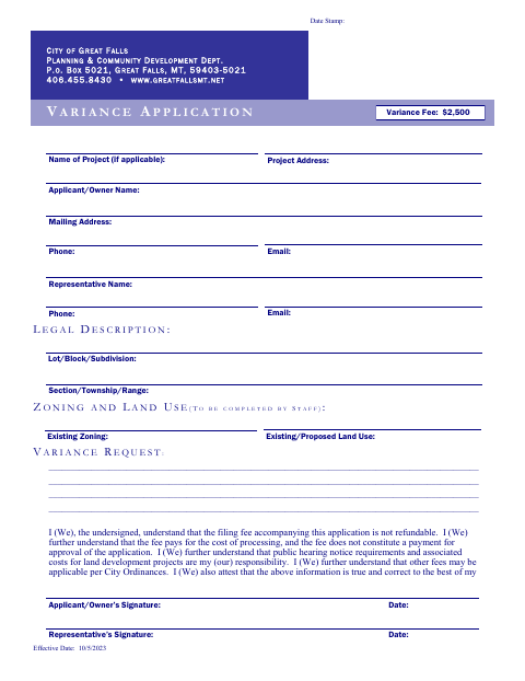 First page of the Variance Application