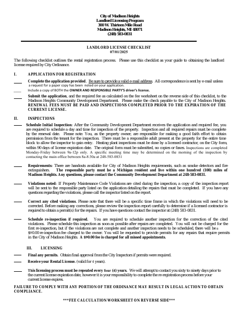 First page of the Landlord License Application and Checklist
