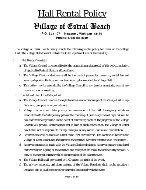 First page of the Hall Rental Policy and Agreement