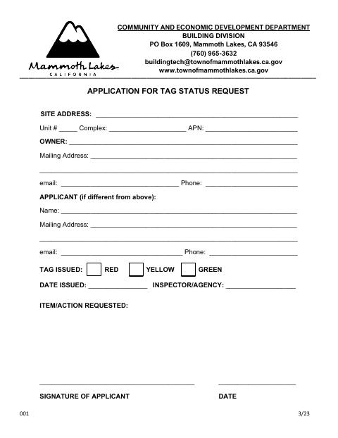 First page of the Application for Tag Status Request