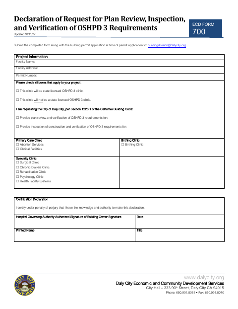 First page of the Declaration of Request for Plan Review, Inspection, and Verification of OSHPD 3 Requirements