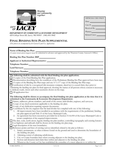 First page of the Final Binding Site Plan Supplemental