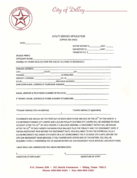 First page of the Utility Service Application