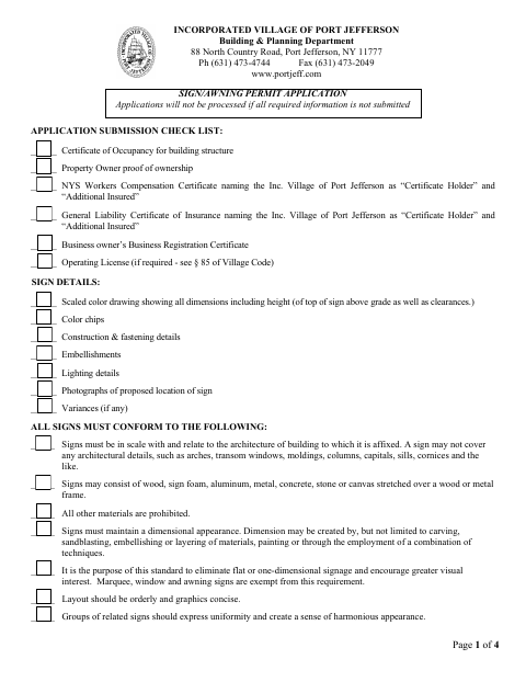 First page of the Sign/Awning Permit Application